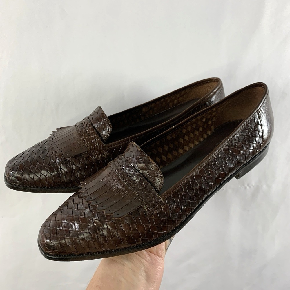 VTG Old Money Womens Woven Leather Kiltie Loafers Size 9 Brown Ivy League Preppy